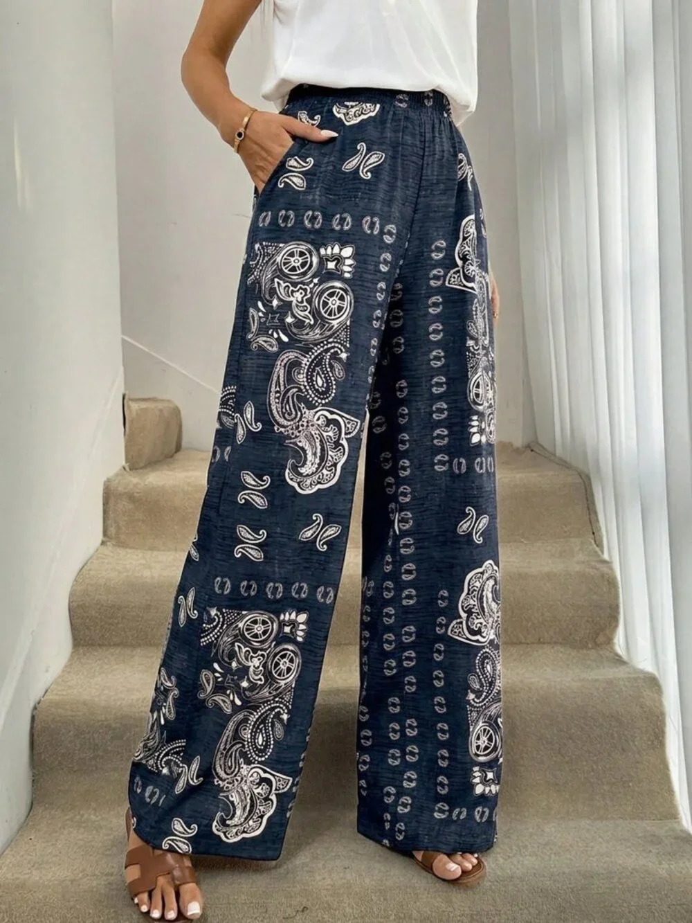 Navy Blue Boho Women's Long Printed Maxi Trousers - Picture 5 of 7